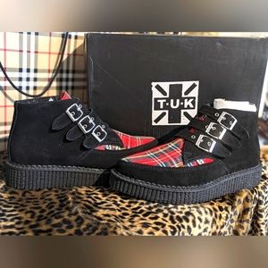 T.U.K. Black Suede & Tartan 3-buckle Pointed Boot (women's 7.5/8)